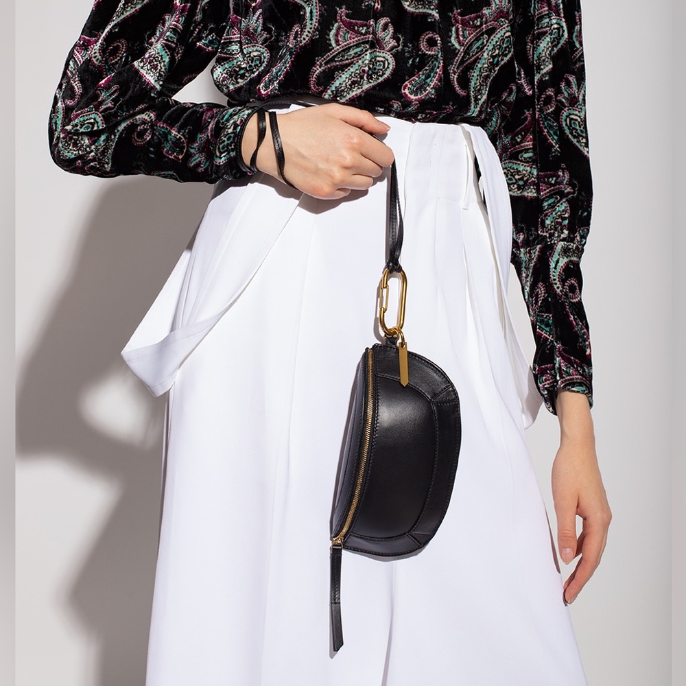 Isabel Marant Bossey Bag. Black leather mini bag with gold / brass hardware.